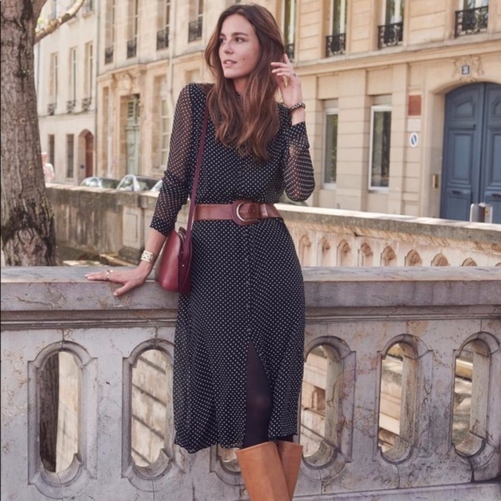 Sezane Polka Dot Silk Midi Clemence Dress